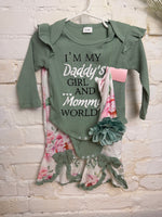 3-6M GREEN UNKNOWN 3PC FLORAL  OUTFIT