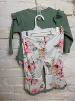 3-6M GREEN UNKNOWN 3PC FLORAL  OUTFIT