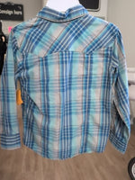 Y7/8 BLUE WRANGLER PLAID PEARL SNAP DRESS SHIRT
