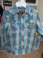 Y7/8 BLUE WRANGLER PLAID PEARL SNAP DRESS SHIRT