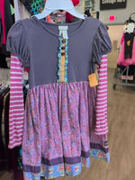Y10 PURPLE MATILDA JANE LS STRIPE AND FLORAL DRESS