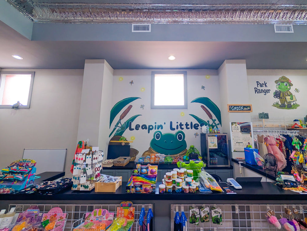 Leapin' Littles checkout counter with the hand-painted frog mural, Denison TX